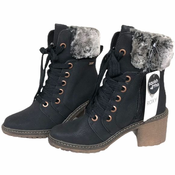 Roxy Shoes - Roxy Black Whitley Heeled Fur Combat Boots 8